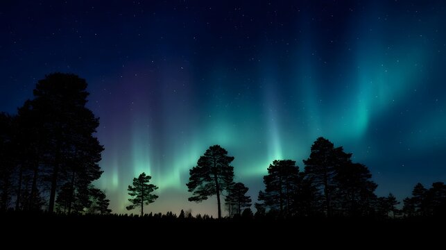 Majestic Aurora Borealis illuminates a dark forest silhouette under a starry night sky - Powered by Adobe