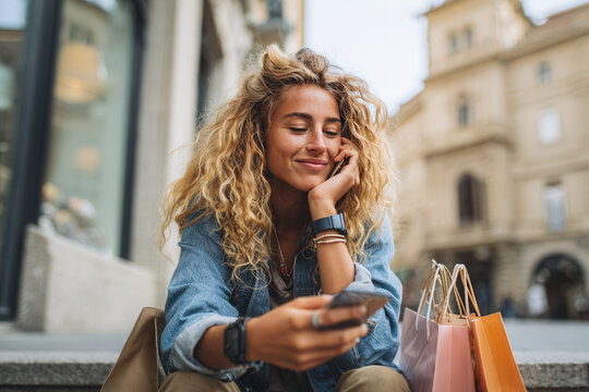Young woman sitting on the steps in a city with shopping bags, smiling while using her smartphone on a sunny day