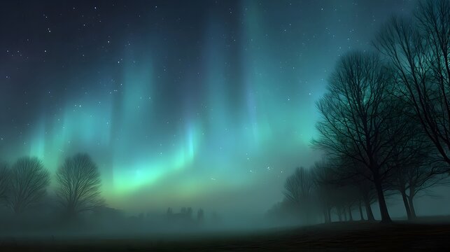 Ethereal aurora borealis illuminates a misty dark landscape with silhouetted trees