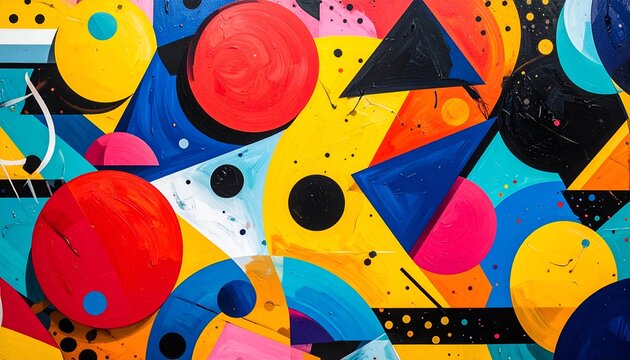 A dynamic, colorful abstract composition with layered geometric shapes and splattered paint