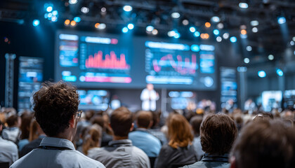 Large group of healthcare professionals attends medical conference. Doctors, nurses, students listen to speaker presentation on big screen with data charts. Audience learns new info at educational