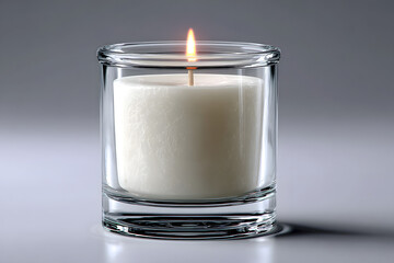 Blank white pillar candle in glass jar mockup, gray background