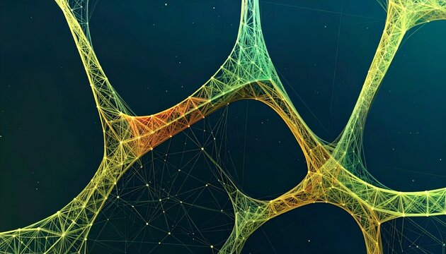 Abstract digital art of interconnected lines and dots with a gradient of colors against a dark background