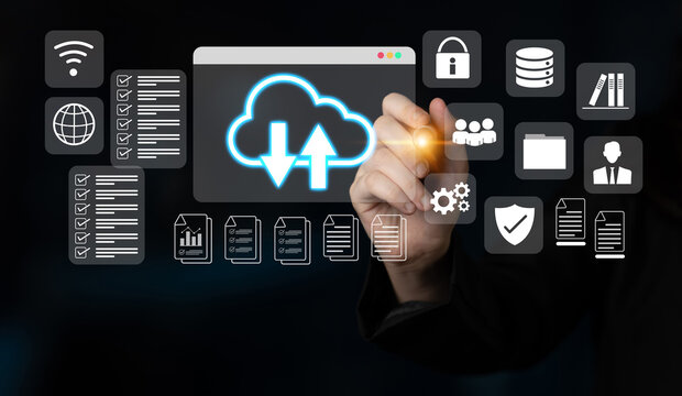 Cloud upload and download icon with surrounding data management, security, and analytics icons in digital interface Parse