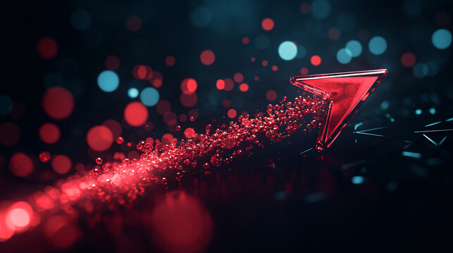 Dynamic red arrow leads upward through sparkling particles, signaling progress and success