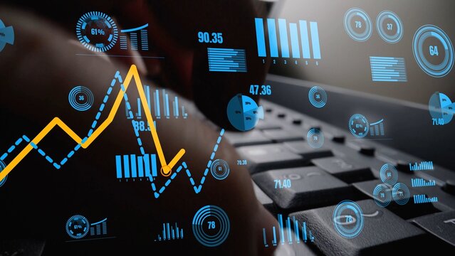 This image showcases a close-up view of financial data analysis. Dynamic graphs and digital indicators overlay a keyboard, symbolizing modern technology in business insights. Xenic