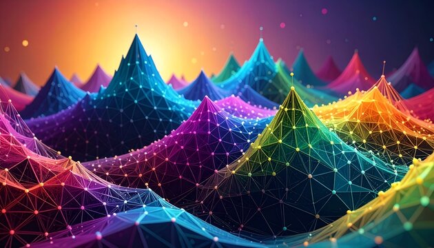 Abstract, vibrant mountain range of connected polygons, bathed in colorful light