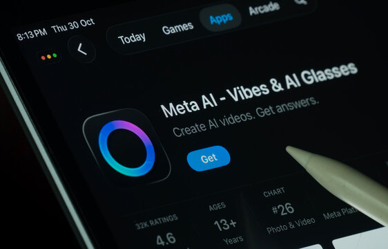 Dhaka, Bangladesh- 30 Oct 2025: Meta Ai app displayed on a iPad screen in dark mode with a digital pen pointing at it.
