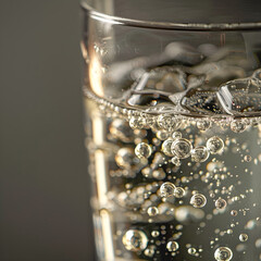 Close-Up of Effervescent Qinine-Infused Tonic Water n Clear Glass Illuminated gainst Neutral Background