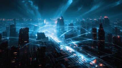Futuristic cyber city skyline at night with glowing blue network connections and neon lights symbolizing digital communication and data flow. High-tech urban landscape, modern architecture, concept.