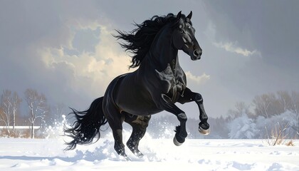 Black Horse in Snowy Landscape.