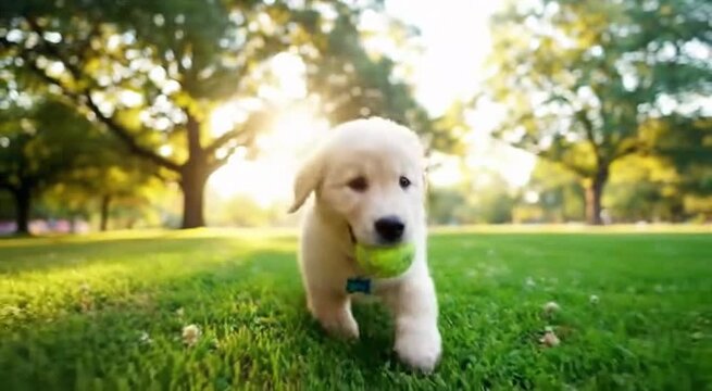 Golden Retriever Puppy Playing Fetch in Sunny Park &ndash; Joyful Slow Motion Pet Scene with Green Grass and Happy Dog