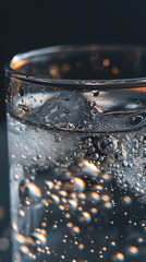 Close-Up of Effervescent Qinine-Infused Tonic Water n Clear Glass Illuminated gainst Neutral Background