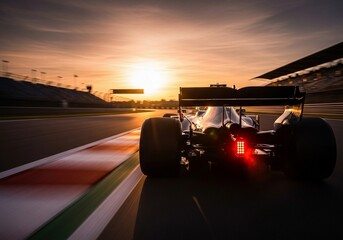 Obraz premium Formula One Race Car Speeding at Sunset