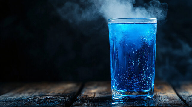 Vibrant blue beverage fizzes with steam rising in dramatic moody lighting