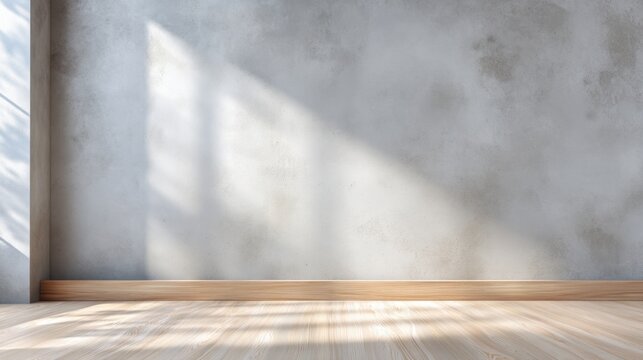 Serene interior space with textured concrete wall and wooden floor capturing soft sunlight, perfect for minimalistic design and modern architecture themes