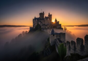 Misty Castle on a Hill at Sunrise