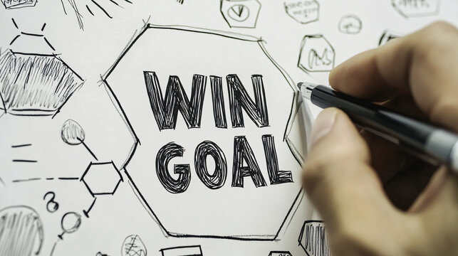 Hand drawing win goal strategy flowchart with pen, planning success and objectives