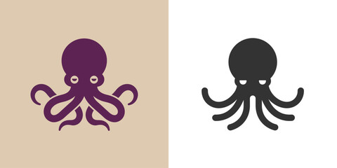 Cute cartoon octopus illustration, purple and black icons on beige background