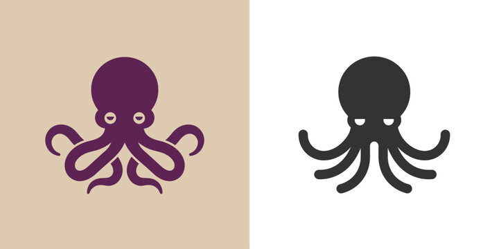 Cute cartoon octopus illustration, purple and black icons on beige background