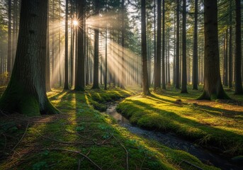 Sunlit Forest Path with Tall Trees