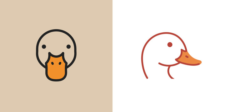 Minimalist duck head icon set with front and side profile views. Simple line art logo design concept