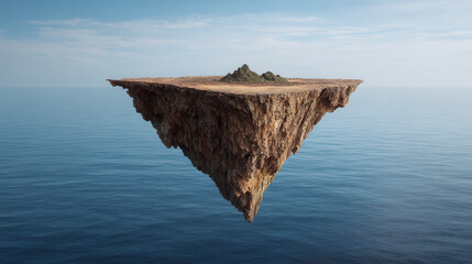 Floating triangular island above calm ocean water during a clear day with blue sky and minimal clouds