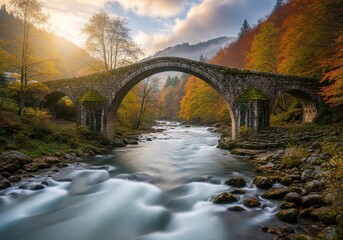 Historic Stone Bridge Over Rushing River