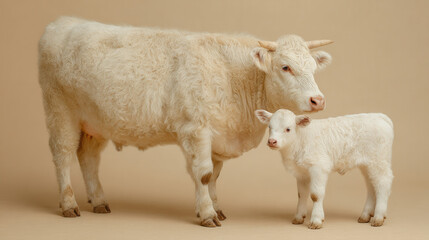 Fototapeta premium Soft white cow stands with a small calf in a neutral setting highlighting their close bond and gentle appearance