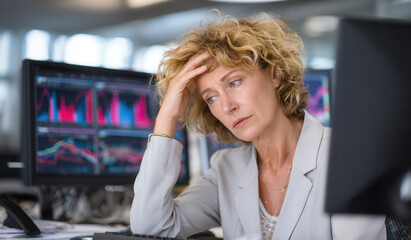 Businesswoman stressed at work while analyzing financial data with charts and graphs displayed on computer screens