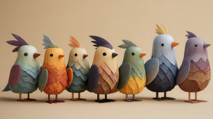 Fototapeta premium Colorful wooden bird figurines in a playful arrangement showcase craftsmanship and creativity