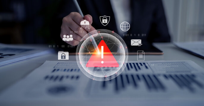Red warning triangle representing a cybersecurity threat or data breach alert, surrounded by digital security and network protection icons, symbolizing cyber risk awareness Parse