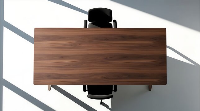 Top-down view of a modern rectangular office table made of smooth walnut wood, placed on a clean white surface under balanced studio lighting, minimal natural shadows around the edges.