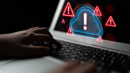 Red alert triangles over a blue cloud icon, symbolizing cloud security threats, system warnings,...