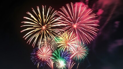 A rainbow fireworks bursting simultaneously in intricate, swirling patterns against a pure black night sky, with crisp glowing edges and a faint haze that subtly softens the explosive shapes.