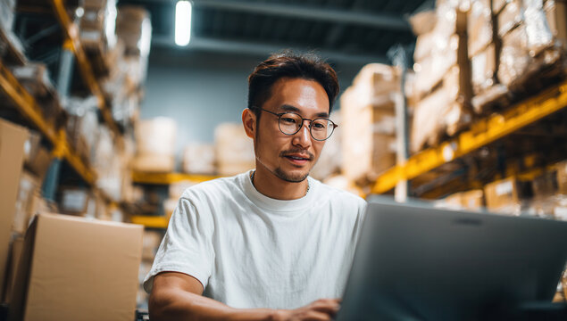 Young man working on laptop in a warehouse during daytime surrounded by stacked boxes