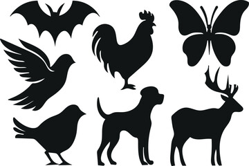 Animal Silhouettes Collection – Vector Icons of Birds, Bat, Butterfly, Dog, Deer and Rooster for Logo, Design and Print Use
