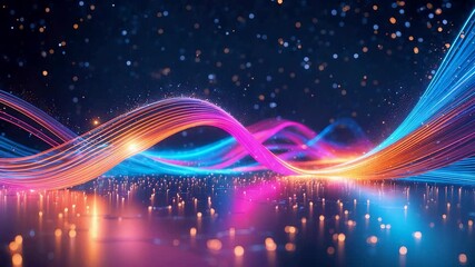 Vibrant Neon Light Waves Flowing Over Reflective Surface in Cosmic Starry Night - Powered by Adobe