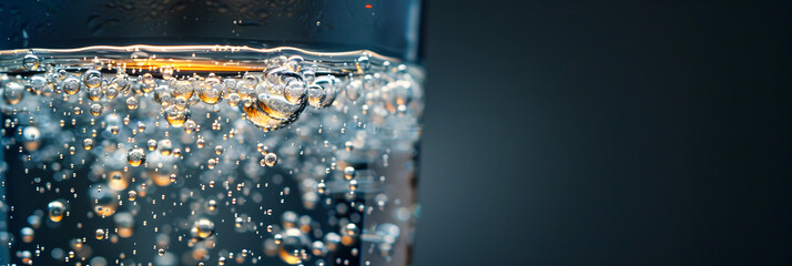 Close-Up of Effervescent Qinine-Infused Tonic Water n Clear Glass Illuminated gainst Neutral Background