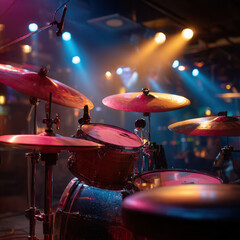 Naklejka premium Colorful drum set shines under dramatic stage lights during a live music performance