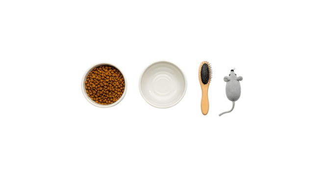 Cat essential supplies kibble brush toy isolated on black background