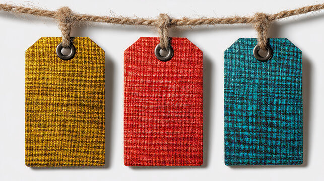 Colorful tags hanging on twine string against a white background showcasing texture and design details