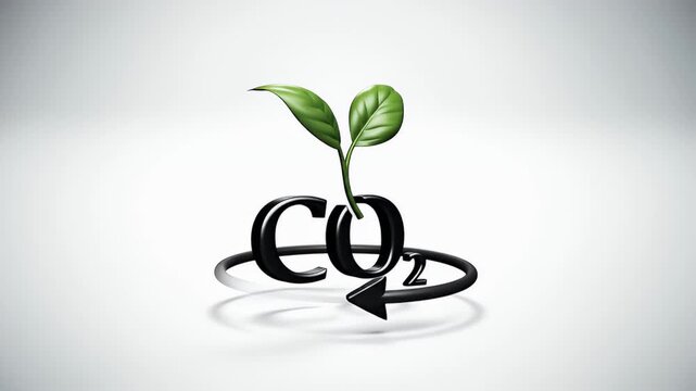 CO2 Reduction Concept Depicts Green Plant Growing From Molecule With Arrow Circle Against White Background Studio Setting