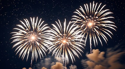 A photo of a crisp long-exposure shot of sparkling white and gold fireworks creating elegant circular trails in a deep black night sky with fine particle effects visible.