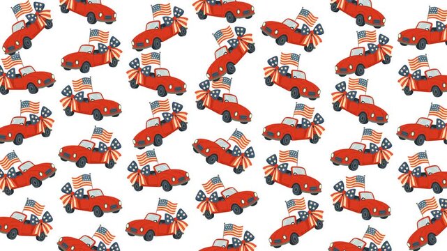 Animated red cars decorated with large American flags and patriotic bows create a festive parade atmosphere. Perfect for themes of national pride, celebration, Independence Day, or Memorial Day events