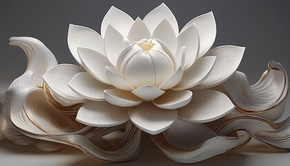 a surreal simple 3d artwork of 3d rendered white lotus flower in glossy style modern elegance white base