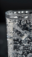 Close-Up of Effervescent Qinine-Infused Tonic Water n Clear Glass Illuminated gainst Neutral Background