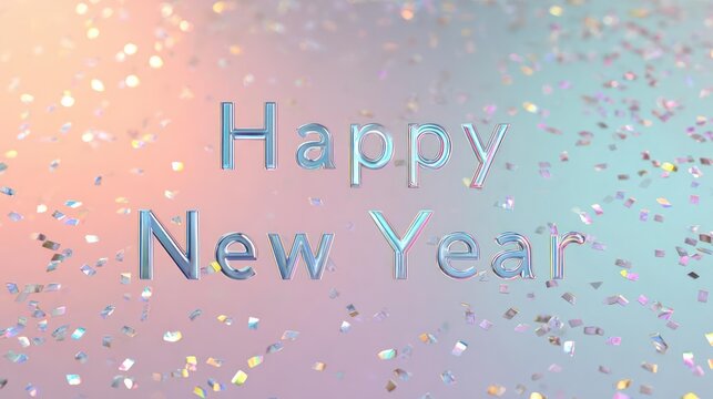 Sparkling happy new year text with shimmering confetti on a soft pastel gradient background celebrating festive occasions - Powered by Adobe