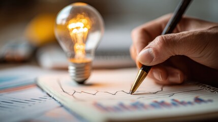 Hand Writing Financial Graphs with Light Bulb in Background for Business and Productivity