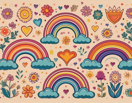 colorful groovy pattern with rainbows flowers stars hearts clouds and crowns on beige background